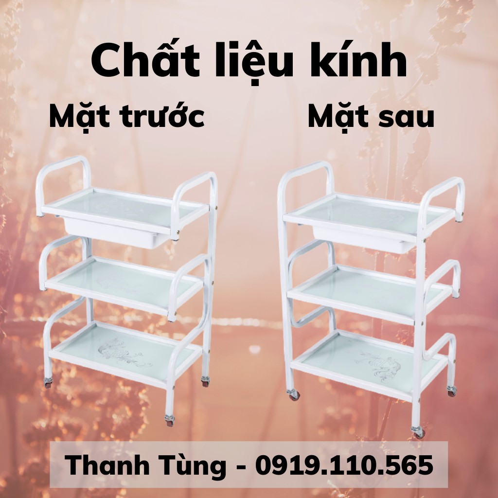 kệ kính 3 tầng có bánh xe đẩy dùng trong spa, phun xăm, thẩm mỹ viện