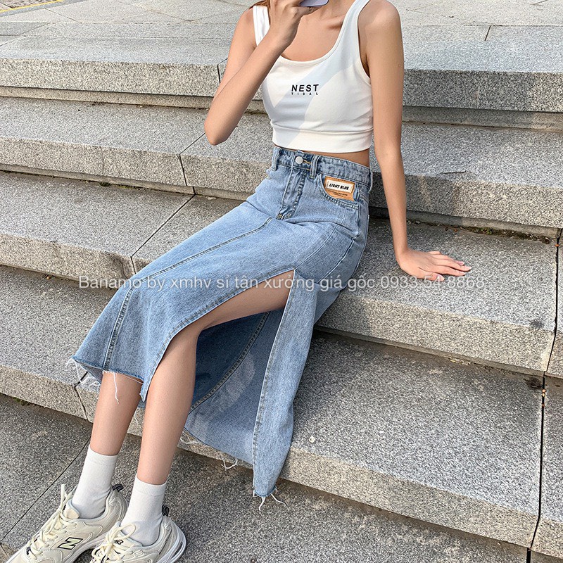Chân váy jean xẻ đùi  Banamo Fashion chân váy bò xẻ tà dáng dài cạp cao phong cách Ulzzang 564