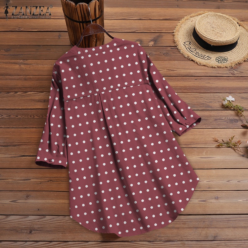 ZANZEA Áo Kiểu Cổ Tròn Tay 3 / 4 Họa Tiết Chấm Bi Phong Cách Cổ Điển Dành Cho Nữ