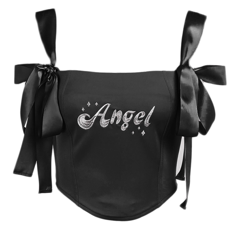 Brroa Áo Croptop Dệt Kim Hai Dây Cột Nơ Thêu Chữ Phong Cách Harajuku Cho Nữ