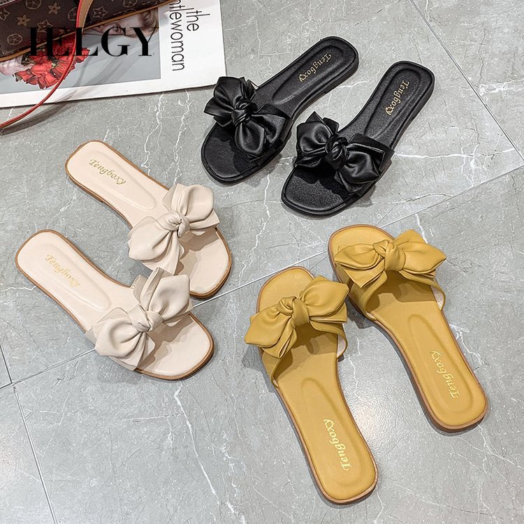 Dép IELGY đế bằng mũi vuông đính nơ thời trang Hàn Quốc mùa hè cho nữ