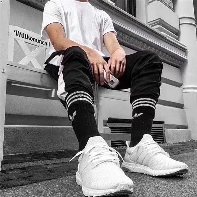 Tất Cổ Cao Dệt Kim Thể Thao Unisex Họa Tiết 3 Sọc Trắng Đen