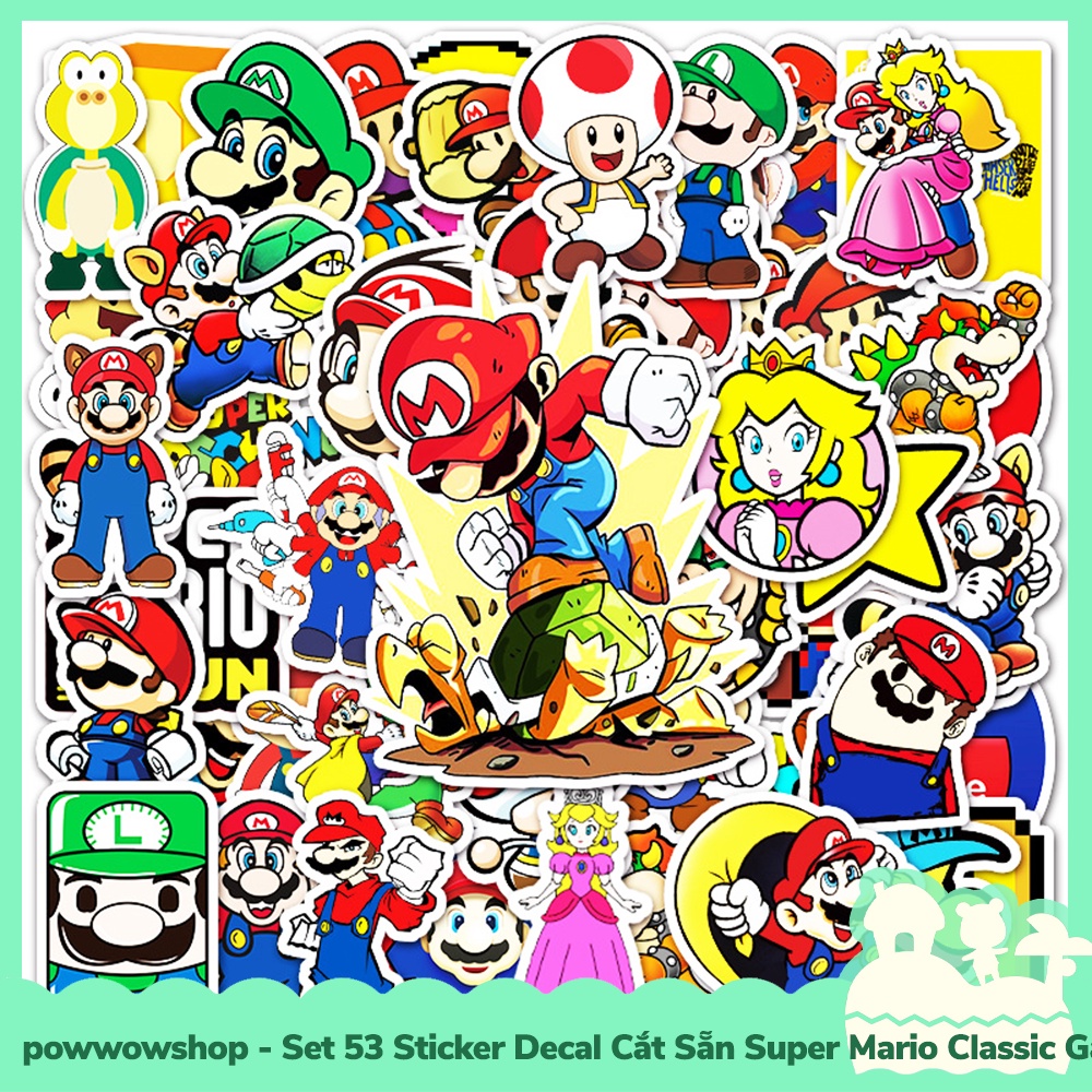 Set 53 Sticker Mini Decal Dán Trang Trí Vật Dụng Mẫu Nhân Vật Game Super Mario Nintendo Classic