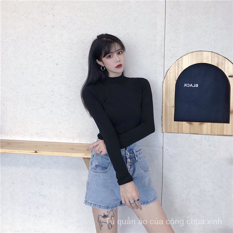 Áo thun tay dài cổ cao màu trắng đen thời trang xuân thu ZRL92021 cho nữ