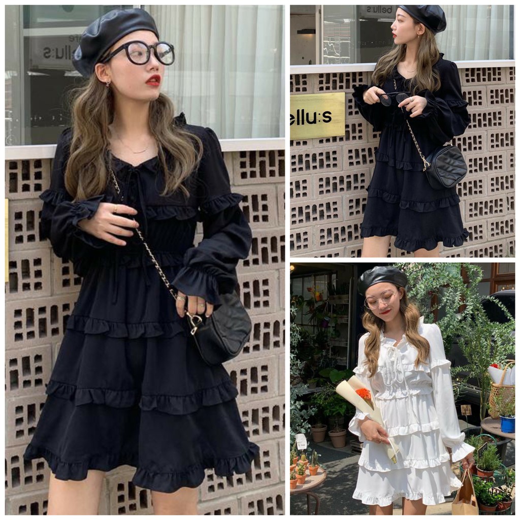 Đầm Nữ Buộc Nơ Viền Tầng 2 Màu Zinti Store DN03