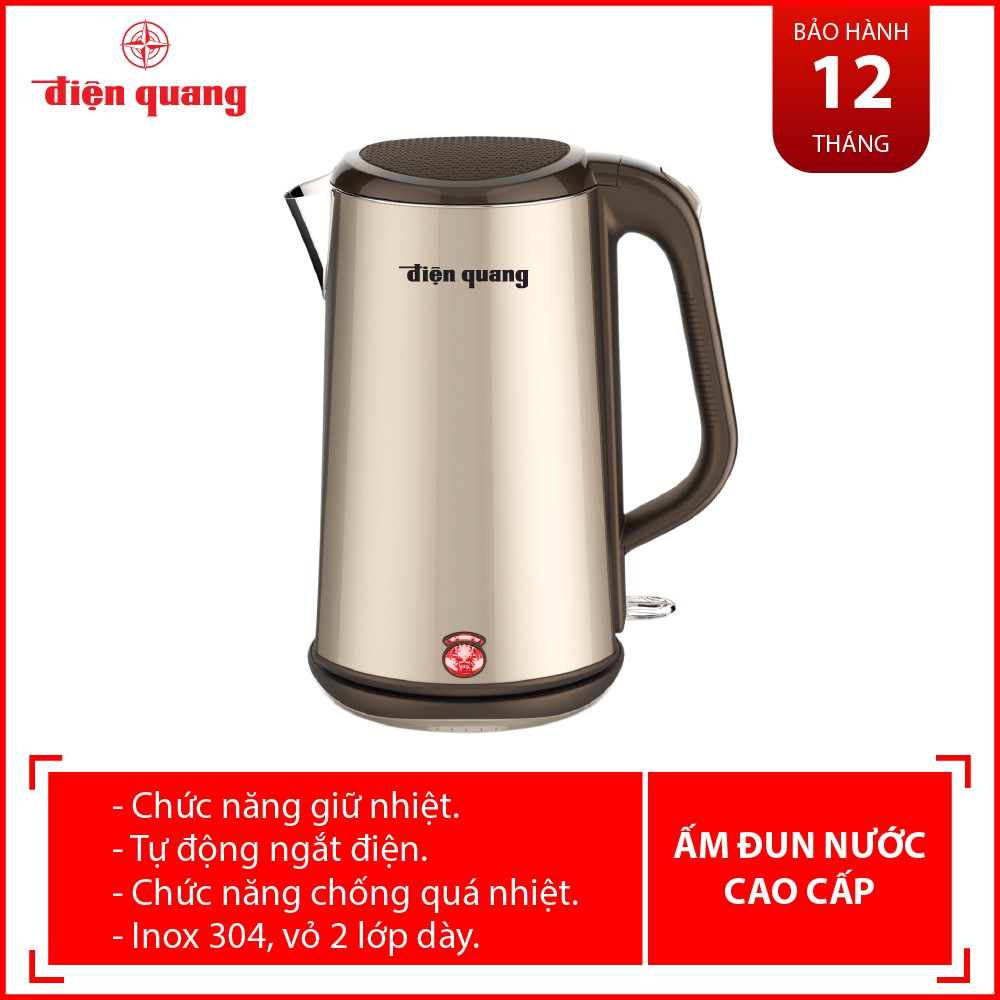 Ấm đun nước cao cấp Điện Quang ĐQ EKT08 1818 GO (1800W, 1.8L, inox 304, vỏ 3 lớp, màu ánh kim)