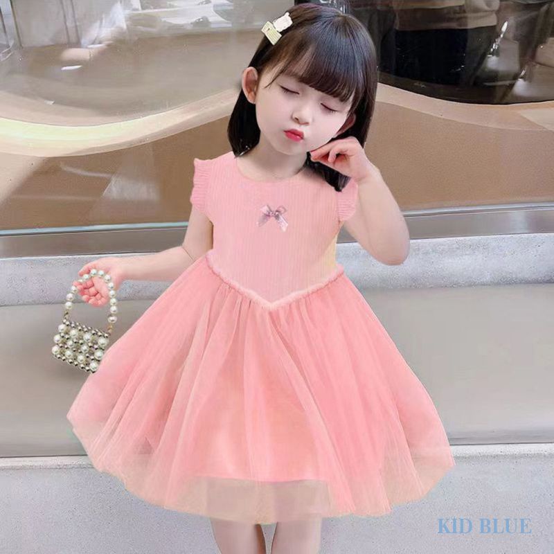 Đầm Công Chúa Không Tay Màu Trơn Phối Lưới Đính Nơ Xinh Xắn Cho Bé Gái