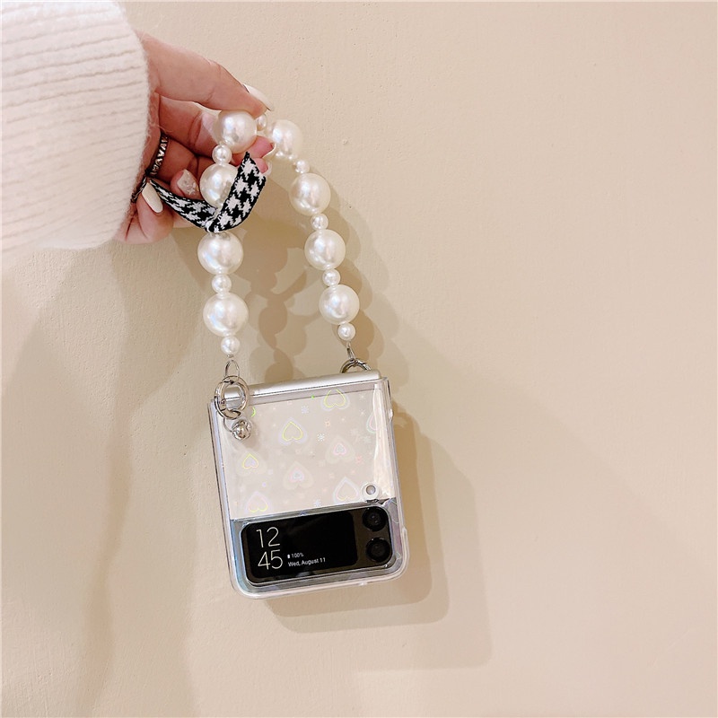 Ốp Điện Thoại PC Cứng Có Vòng Tay Đính Ngọc Trai Laser Cho Samsung Galaxy Z Flip 3 3 5G Z Flip3 ZFlip 3 5G