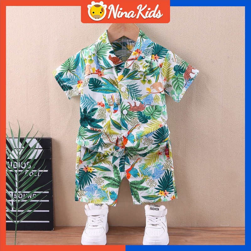 1-5 Tuổi Trai Bé Bộ Áo Thời Trang Mùa Hè Hàn Quốc Cho Thun Ngắn Tay In Họa Tiết Chiếc Lá + Quần short