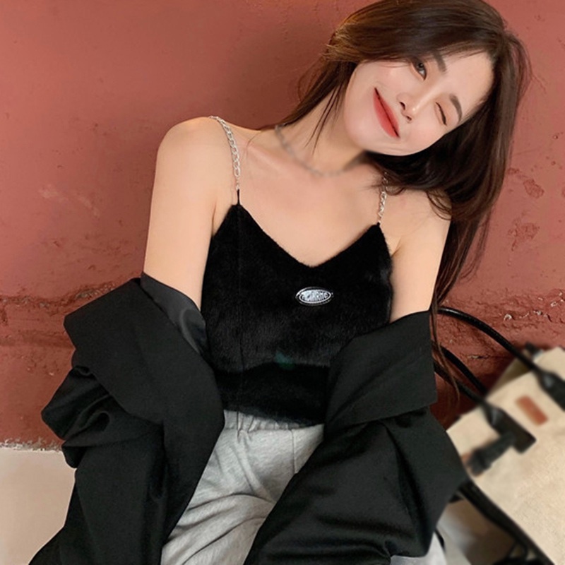 Áo Yếm Croptop Hai Dây Cổ Chữ V In Chữ Quyến Rũ Phong Cách Hàn Quốc