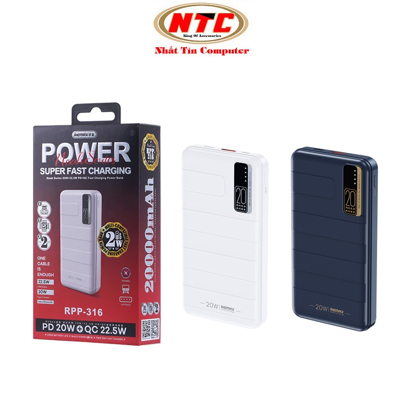 Pin dự phòng sạc nhanh Remax RPP-316 Noah Series 20000mAh an toàn đi máy bay - hỗ trợ QC 22.5W và PD 20W