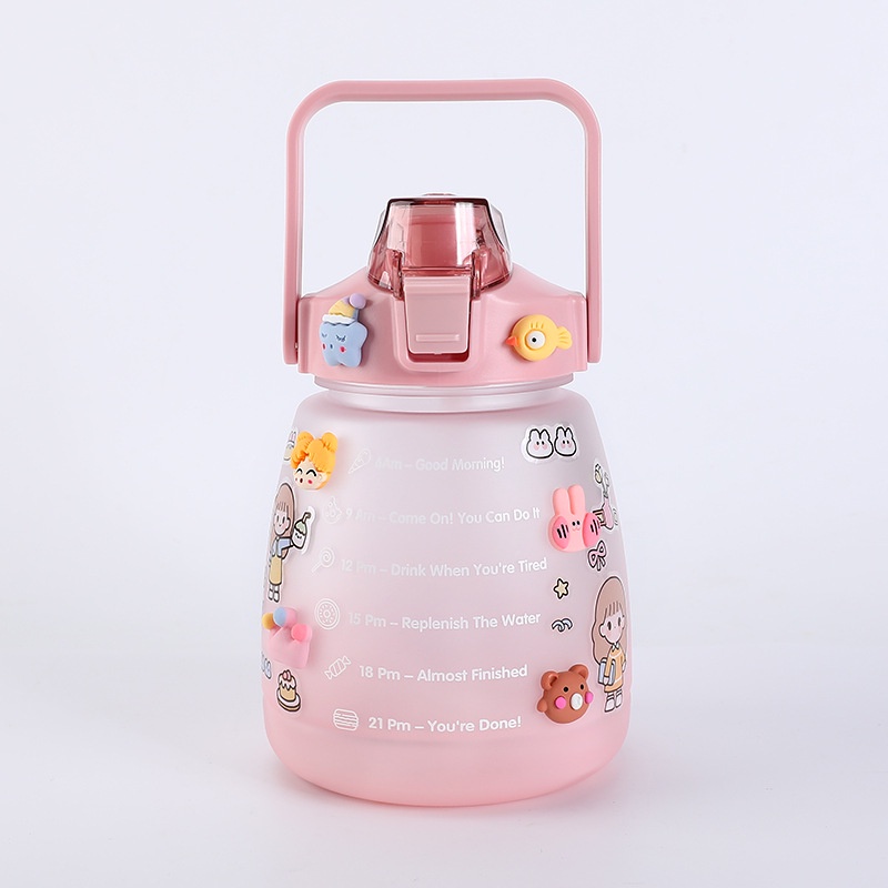 Bình Nước Dung Tích Lớn Bằng Nhựa Cấp Thực Phẩm Màu Gradient Họa Tiết Hoạt Hình Có Tay Cầm Và Ống Hút