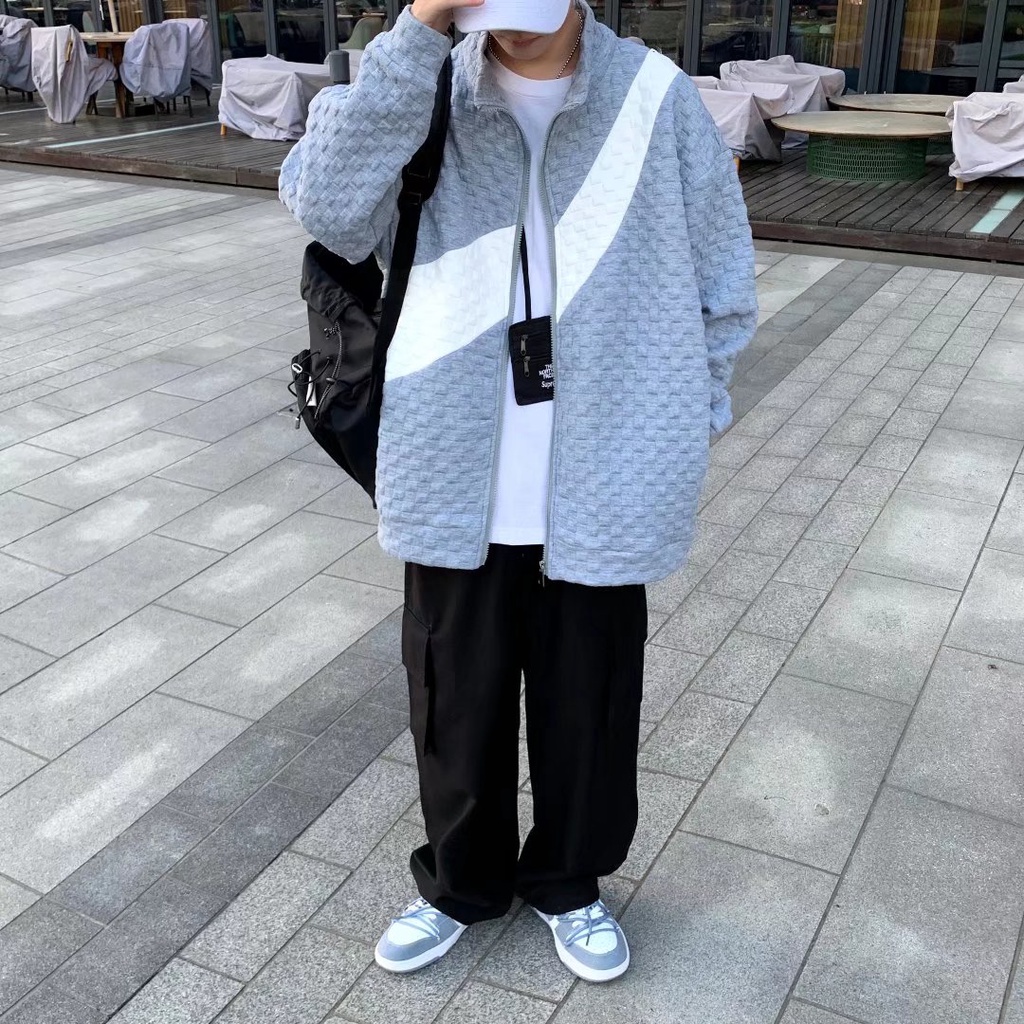 Áo khoác cardigan len cổ đứng dáng rộng phối khóa kéo phong cách đường phố Hàn Quốc cá tính dành cho nam