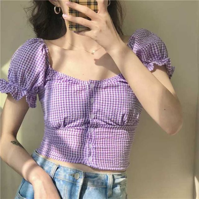 Áo croptop kẻ caro Dưới 45kg (có ảnh thật)