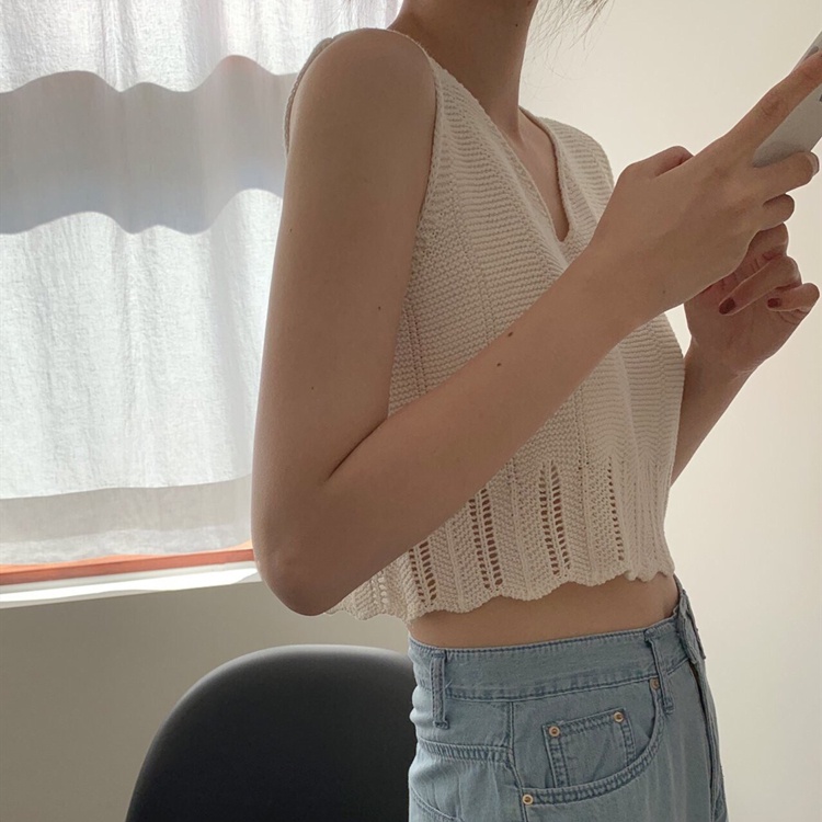 SUXI Áo Dệt Kim Sát Nách Dáng Rộng Cổ Chữ V Màu Sắc Đơn Giản Thời Trang Mùa Hè Cho Nữ