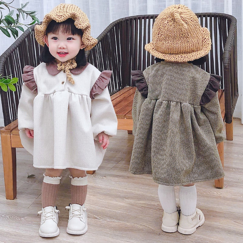 Đầm Tay Dài Cổ Búp Bê Phong Cách Hàn Quốc Thời Trang Xuân Thu 2022 Cho Bé Gái 0-4 Tuổi