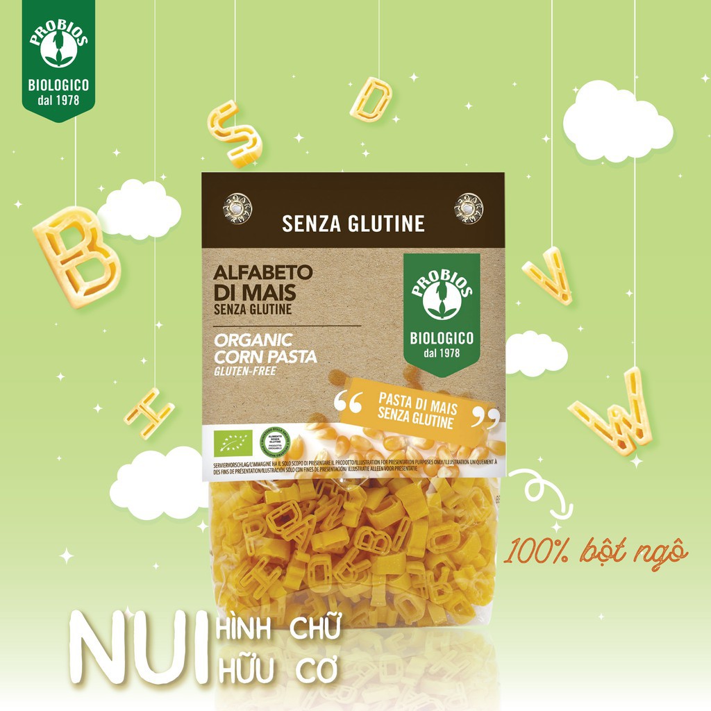 Nui Hữu Cơ Cho Bé Hình Chữ 400g ProBios Organic Corn Pasta Alfabeto Gluten Free