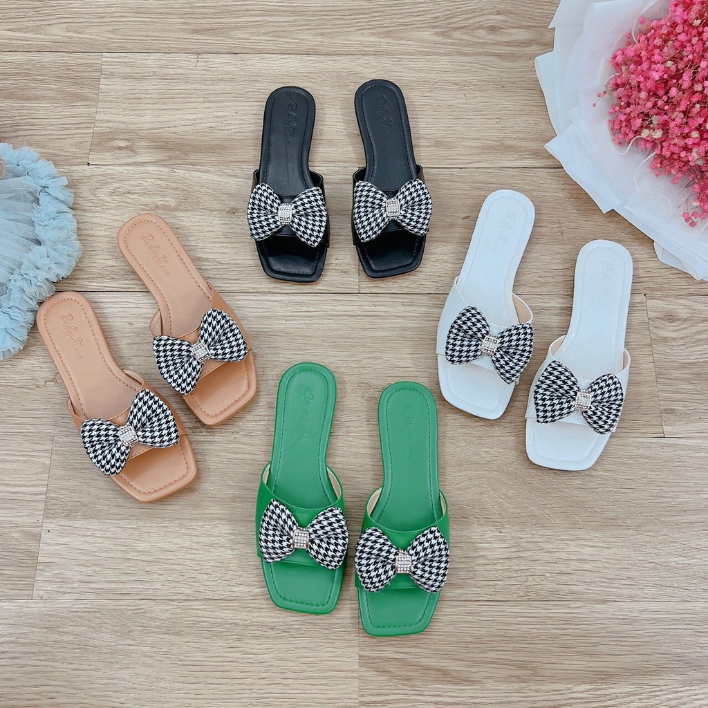 Dép nữ da lì quai ngang phối nơ xinh xắn phong cách Hàn Quốc mã V73