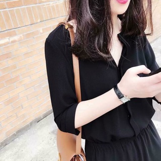 Sơ mi liền váy xẻ tà đen XL