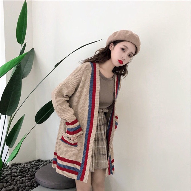 AK40 ÁO KHOÁC LEN CARDIGAN NỮ DÁNG DÀI MIX KẺ SỌC MÀU