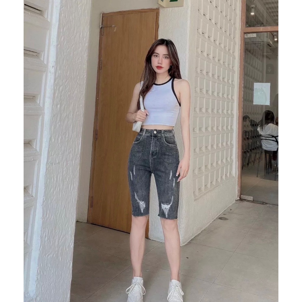 Quần jeans ngố lửng Big Size co dãn mạnh, màu xám rách xước, lưng cao 4352 4350