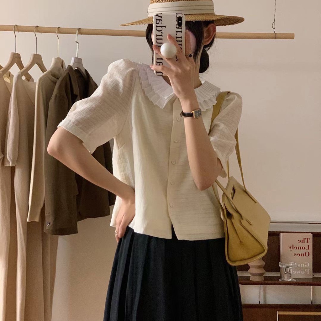 Set Áo Sơ Mi Tay Ngắn Cổ Búp Bê Hai Lớp Phối Chân Váy Lưng Cao Xếp Ly Thời Trang Xinh Xắn Cho Nữ  tao bao