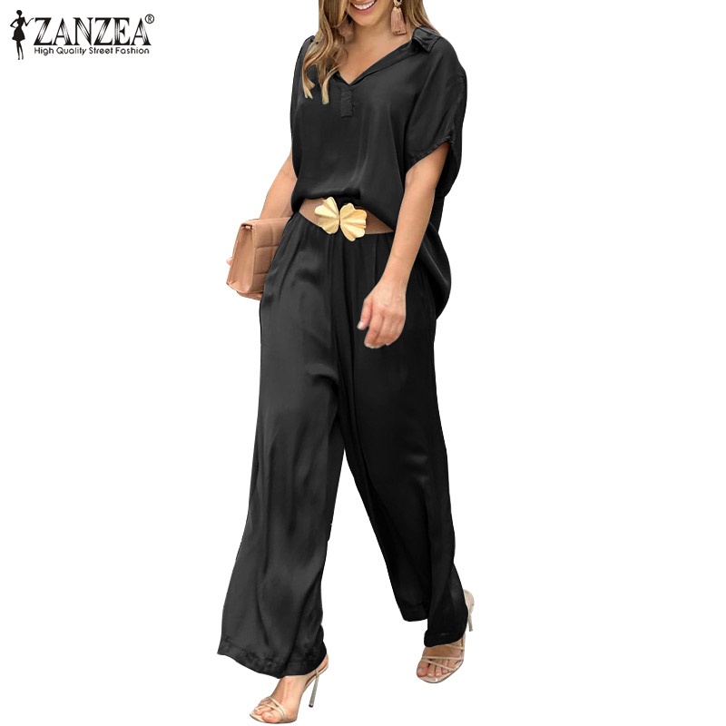 Set trang phục 2 mảnh Zanzea gồm áo tay ngắn kèm quần dài lưng thun thời trang năng động cho nữ