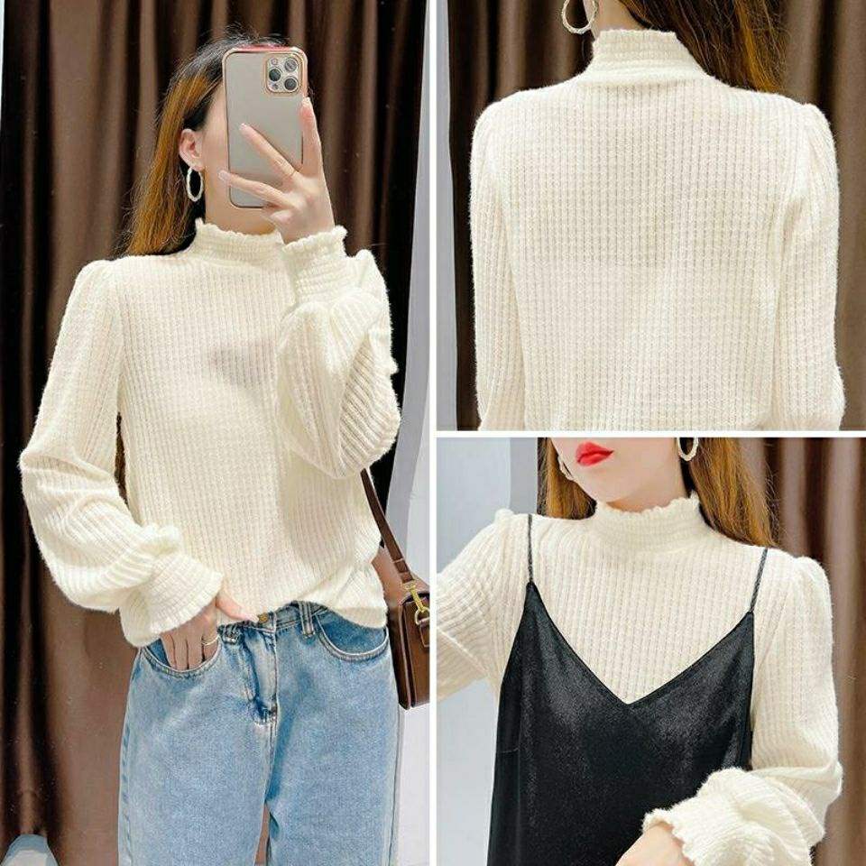 Áo Thun Nữ Tay Dài Phồng Cổ Lọ Phối Ren Thời Trang