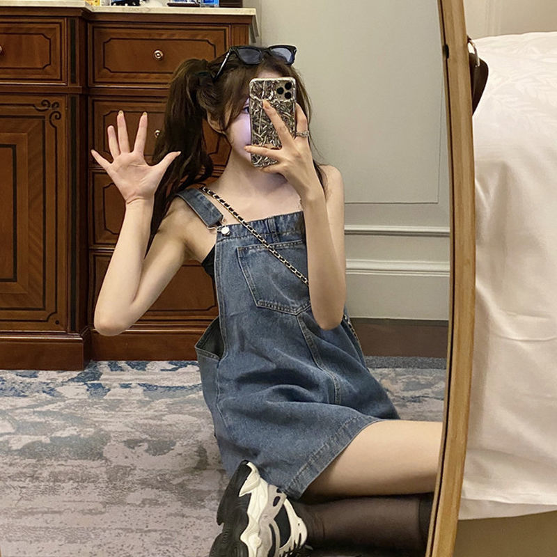 Váy Yếm Denim Dáng Rộng Lưng Cao Phong Cách Hàn Quốc Thời Trang Mùa Hè Xinh Xắn Cho Nữ