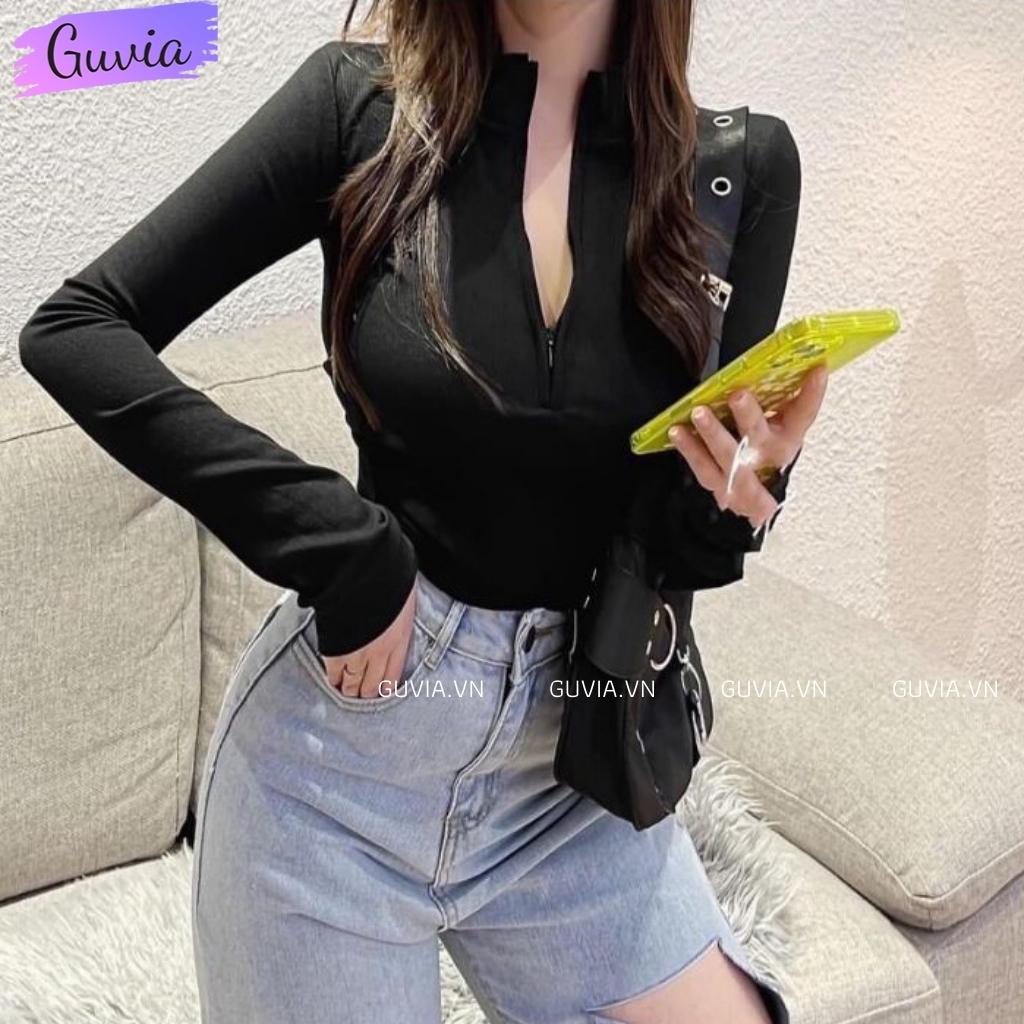 Áo Croptop Tay Dài CỔ CAO DÂY KÉO Thun Gân Ôm Body Sexy Ulzzang GUVIA