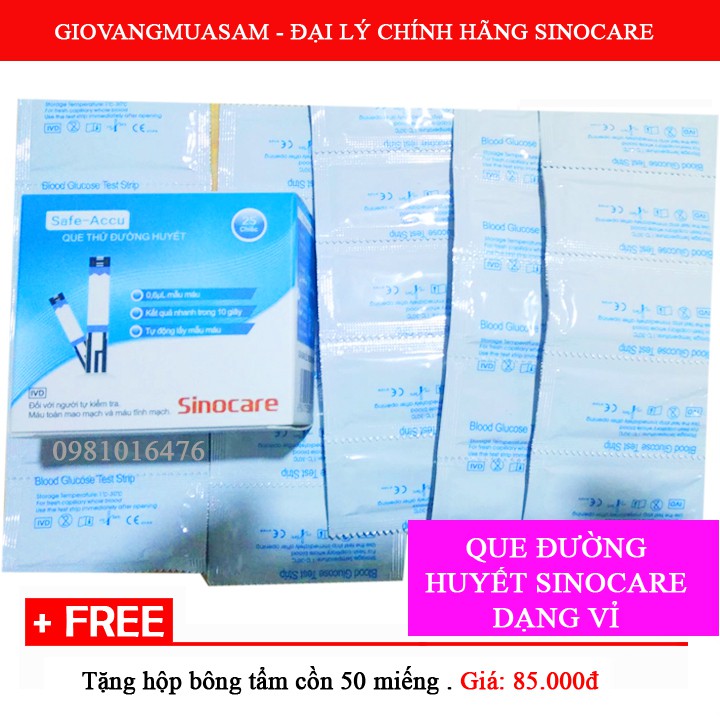 Hộp 50 que thử đường huyết safe accu Sinocare DẠNG VỈ + tặng 50 kim chích và miếng bông tẩm cồn