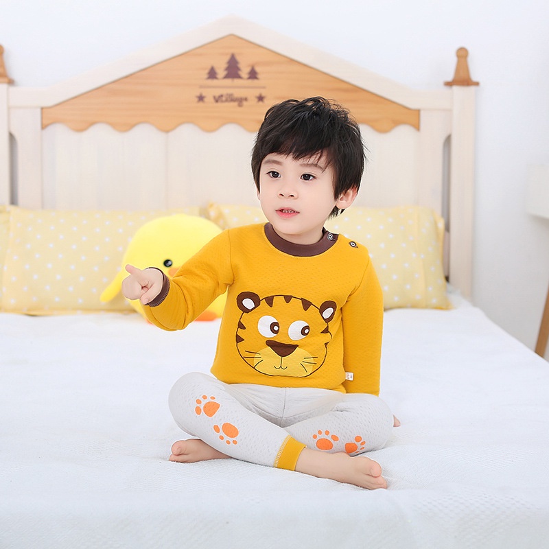 Bộ đồ ngủ tay dài cotton giữ ấm phong cách Hàn Quốc thời trang thu đông dành cho bé 70-110cm