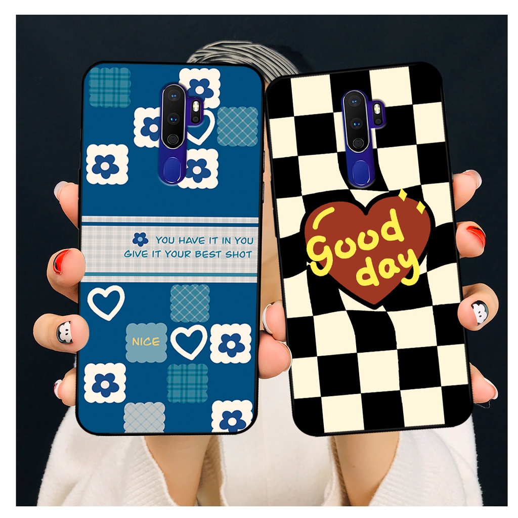 Ốp lưng Oppo A5 2020 / Oppo A9 2020 in hoạ tiết caro trái tim đen trắng, gấu bear cute đáng yêu