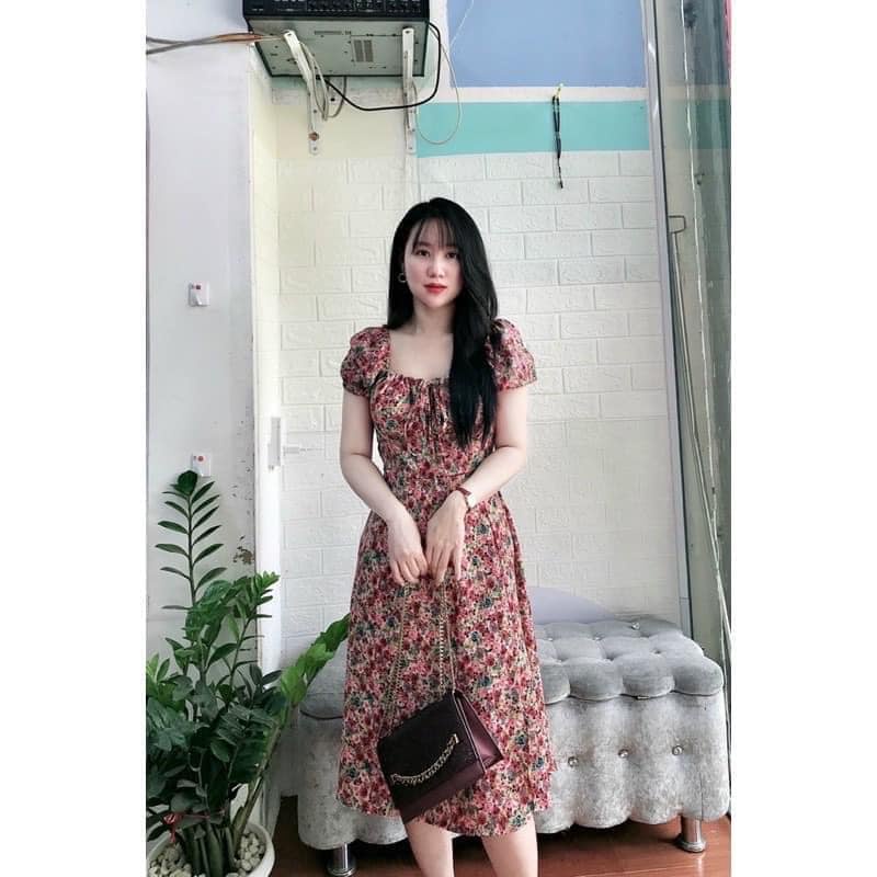 Váy Hoa Nhí Dáng Dài Nhún Vai Xẻ Tà Siêu Tôn Dáng