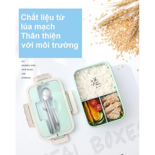 Hộp cơm lúa mạch 3 ngăn kèm đũa thìa inox