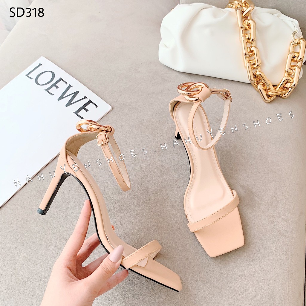 Giày Sandal nữ gót nhọn 7P Hà Huyền Shoes quai da mảnh gót đính nhẫn vàng -SD318