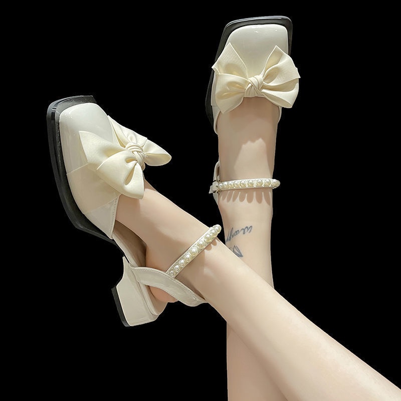 Giày Sandal Mũi Vuông Đính Nơ Và Ngọc Trai Nhân Tạo Phong Cách Mùa Hè Hàng Mới Dành Cho Bạn Nữ