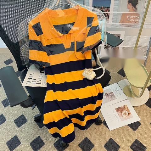 Đầm polo Dệt Kim Tay Ngắn Họa Tiết Kẻ Sọc Màu Sắc Tương Phản Thời Trang Mùa Hè Cho Nữ