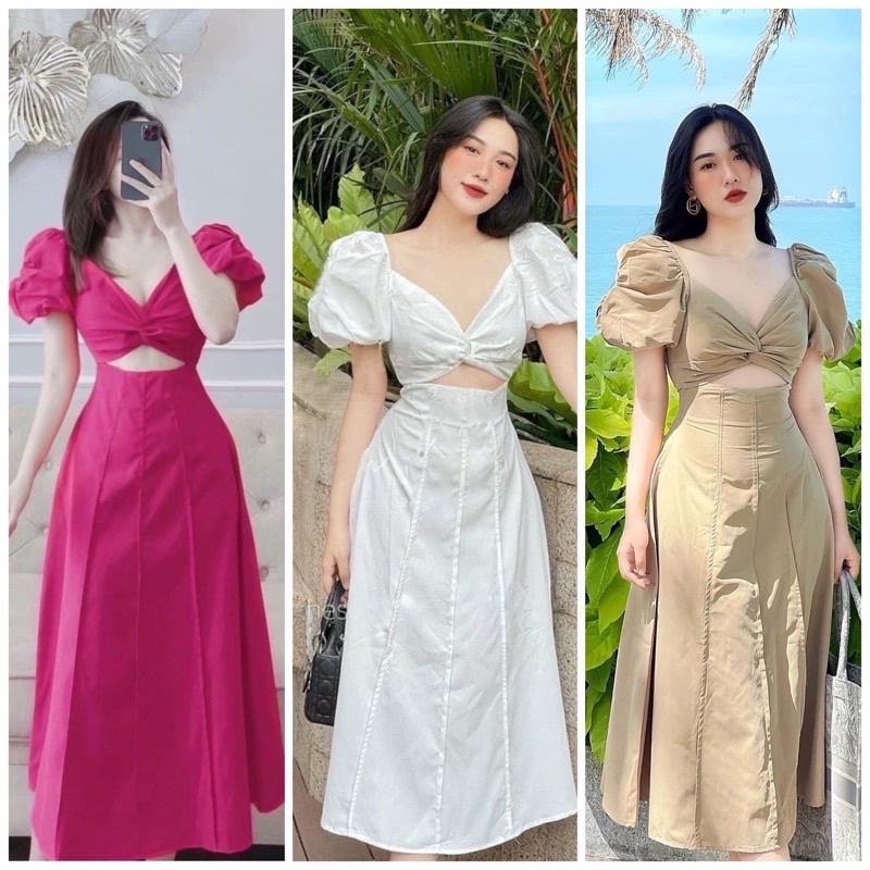 Đầm váy midi xoắn ngực cut-out 3 màu