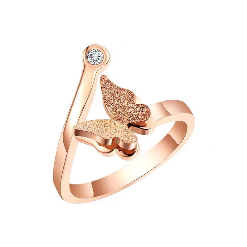 Nhẫn 2 lớp hình bướm ba chiều nhỏ tinh tế bằng thép titan mạ vàng hồng 18K đính kim cương có thể tùy chỉnh kích thước