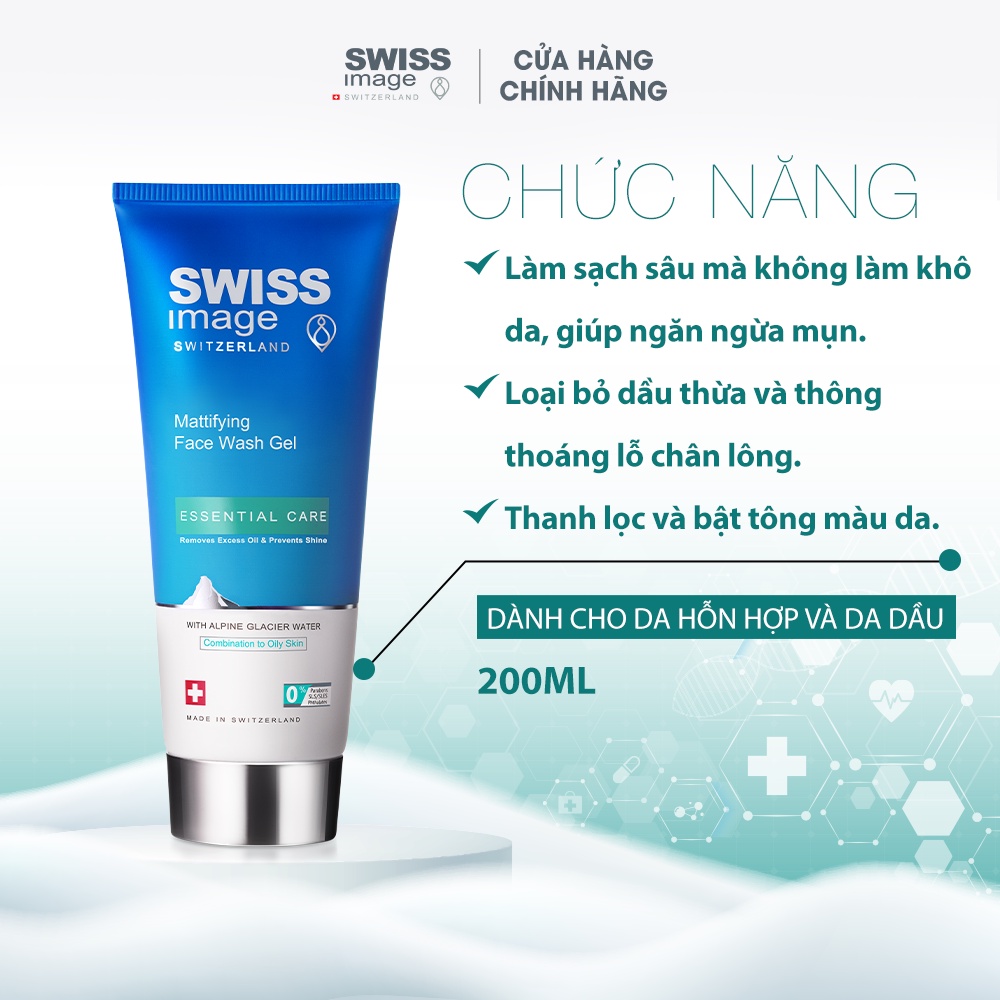 Gel rửa mặt làm sạch sâu ngừa mụn cho da dầu mụn Swiss Image Mattifying Face Wash Gel 200ml
