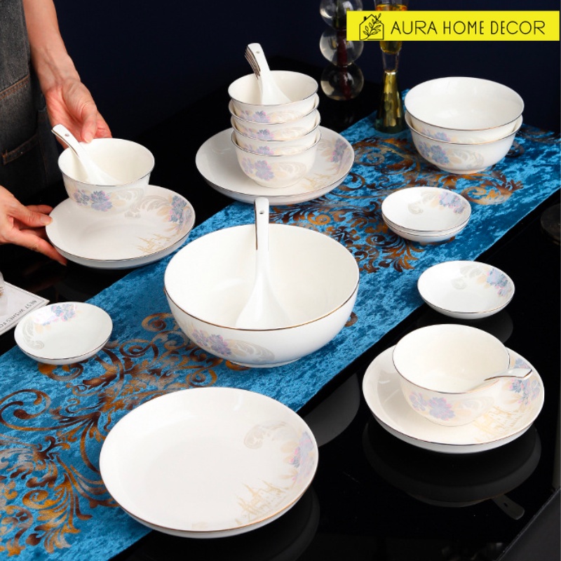 Bộ bát đĩa cao cấp, 24 món chén dĩa sứ họa tiết hoa Diên Vĩ - Ảnh thật shop chụp