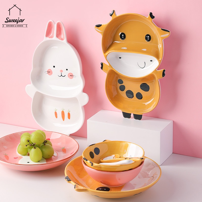 SWEEJAR Tô/ muỗng/ dĩa bằng gốm  họa tiết hoạt hình thỏ/ nai dễ thương cho bé
