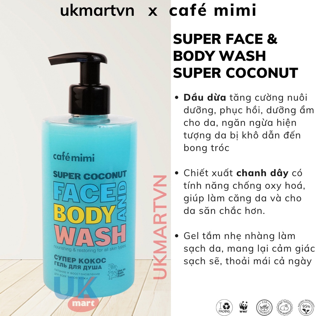 Gel Tắm CAFÉ MIMI Super Feijoa Làm Đều Màu Và Dưỡng Ẩm Da, Super Coconut Nuôi Dưỡng Và Phục Hồi Da 450ml