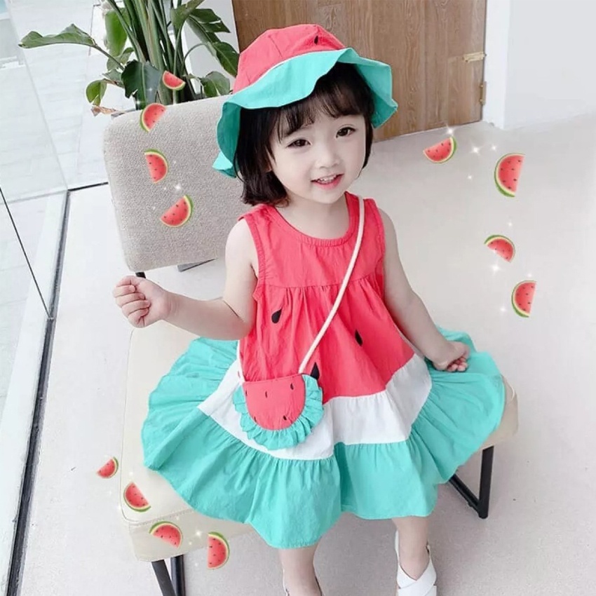 Set Váy bé gái dáng xòe kèm mũ và túi chéo, Đầm dưa hấu kèm phụ kiện chất thô mềm xinh xắn cho bé từ 8 - 22 kg, DUCK329