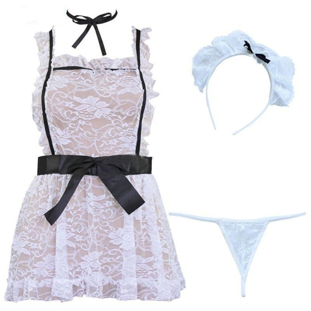 Cosplay Hầu Gái Sexy màu trắng tinh khôi - Đầm ngủ ren cosplay giúp việc xuyên thấu cho nữ kèm chip | BigBuy360 - bigbuy360.vn