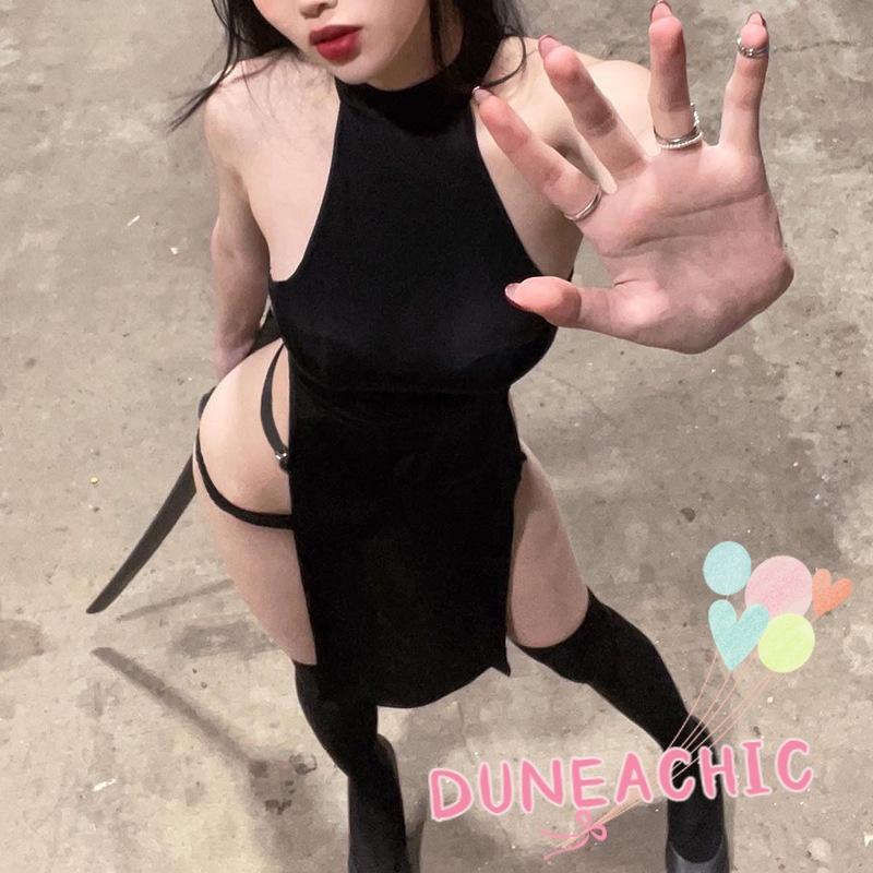 DUNEA Đầm kiểu màu trơn xẻ tà cao quyến rũ thời trang dành cho nữ