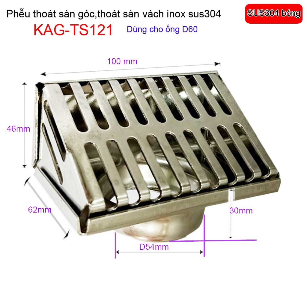 Phễu thoát nước mưa thoát ngang D60 KAG-TS121, phễu thoát nước vách tường hành lang, ban công thoát góc tường