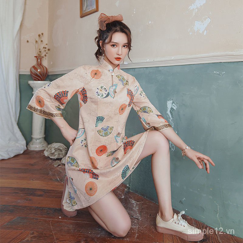 Đầm Sườn Xám Tay Lỡ Phong Cách Trung Hoa Thời Trang Thanh Lịch Cho Nữ