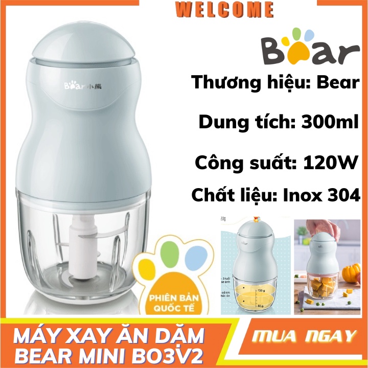 Máy xay mini cho bé ăn dặm, Máy xay đa năng Bear màu xanh 0.3L nhỏ gọn, an toàn, dễ sử dụng - Bảo hành 12 tháng